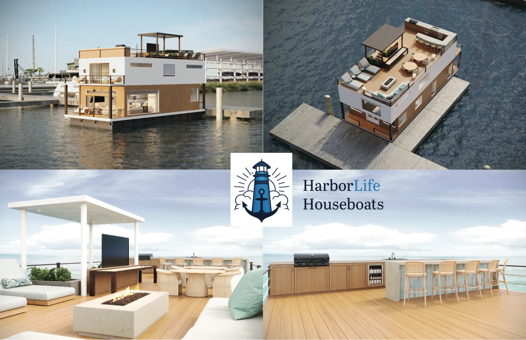 Collage of HarborLife houseboat exteriors and rooftop decks