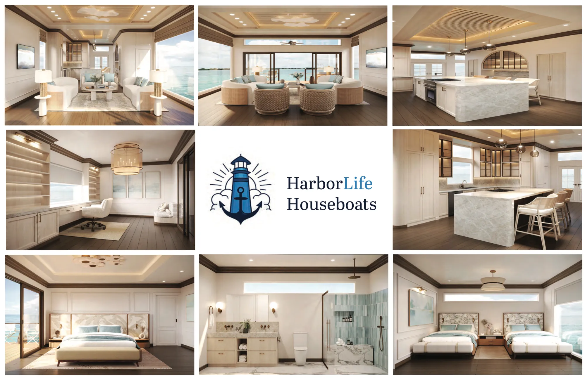 Collage of HarborLife houseboat interiors
