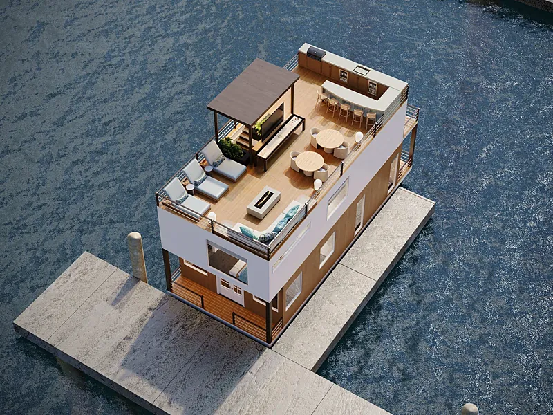 Rooftop deck with lounge seating seen from above