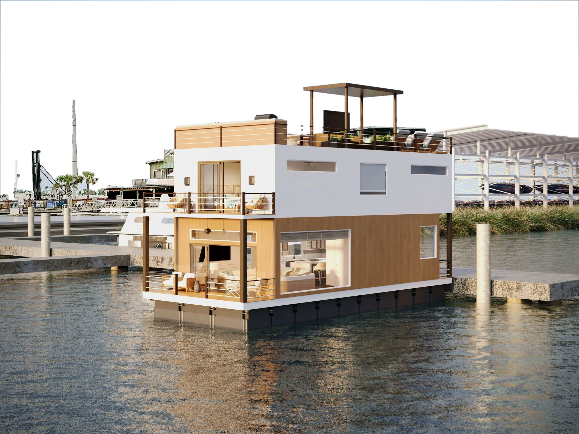 A two-story HarborLife houseboat with rooftop deck, moored at the marina.
