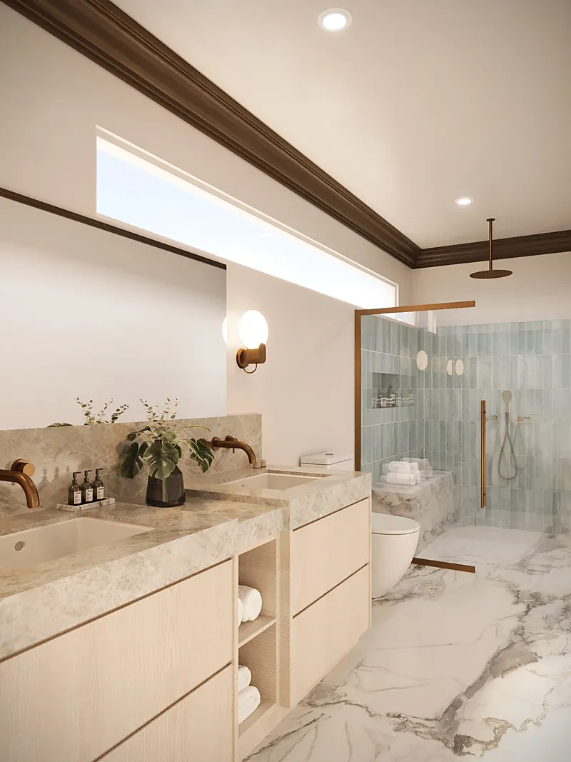 Spa bath with soaking tub and sea-glass tile